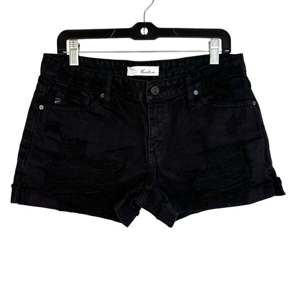 KanCan Tanner Mid Rise Shorts Denim Size Medium Distressed Black Cuffed Hem - Picture 4 of 11